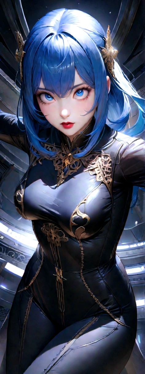 (masterpiece:1.4, best quality), (intricate details), unity 8k wallpaper, ultra detailed, beautiful and aesthetic, perfect lighting, (1girl), (blue hair, blue eyes, medium breasts),, dynamic pose, dynamic angle, lipstick, slim, slim body, medium breasts, , detailed background, realistic, solo, perfect detailed face, detailed eyes, highly detailed, blush, hair ornament, rolling_eyes, cross-eyed,
