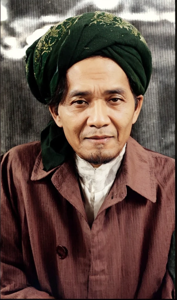 Indonesian Muslim man, aged 45 years or over, wearing a large green turban, a large, shabby shirt, brown skin, wrinkled but clean face, closed thin lips, slightly slanted eyes. HD quality realistic images