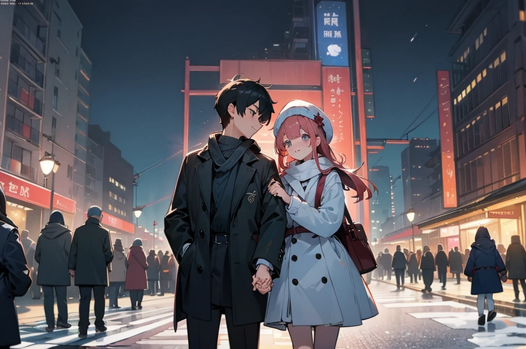 Highest quality、masterpiece、8K、men and women、Winter Dating、((front:1.4))、Holding hands、night、Side by side、In town、Signal、crowd、Height difference