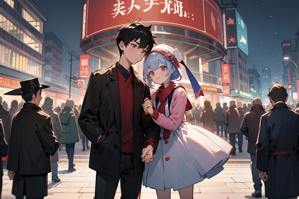 Highest quality、masterpiece、8K、men and women、Winter Dating、((front:1.4))、Holding hands、night、Side by side、In town、Signal、crowd、Height difference