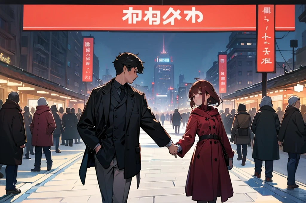 Highest quality、masterpiece、8K、men and women、Winter Dating、((front:1.4))、Holding hands、night、Side by side、In town、Signal、crowd、Height difference