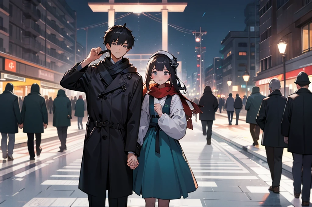 Highest quality、masterpiece、8K、men and women、Winter Dating、((front:1.4))、Holding hands、night、Side by side、In town、Signal、crowd、Height difference