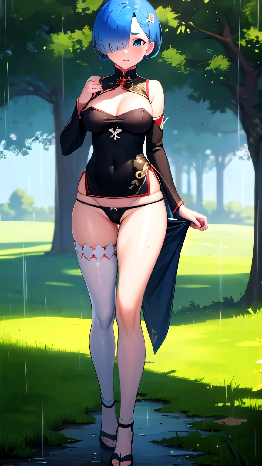 hdr, soft light, ((best quality)), ((masterpiece)), (detailed), remrin, (hair over one eye:1.1),big blue eyes, shy face,skinny fit,small breast, chinese dress, park,trees,grass,rain, in middle,full body shot,showing wet panties, camel toe