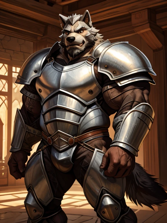 burly virile hairy man, with two wolf ears and a bushy tail, in a suit of armor, middle-aged, hirsute, overmuscular and musclebound, bulging veiny muscles, a warrior's build, a bodybuilder's physique, long bushy and a thick mustache, a square jaw, handsome and dreamy, grey hair, a knight clad in full armor