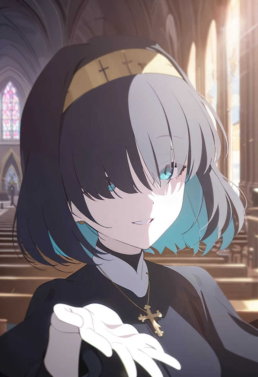 1girl, nun, cross, cross necklacke, jewelry, black hair, turquoise bangs, very short hair, hair over eyes, pale skin, turquoise eyes, black dress, church, smile, (masterpiece), best quality, anime style,