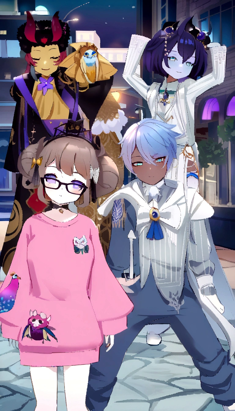 three anime characters in a city with a building in the background, ((wearing aristocrat robe)), wearing fancy clothes, lunar themed attire, jrpg fashion, dapper dream demon, nixeu and sakimichan, 8k!, 8k!!, fursona wearing stylish clothes, live2d virtual youtuber model, clothes themed on a peacock mage