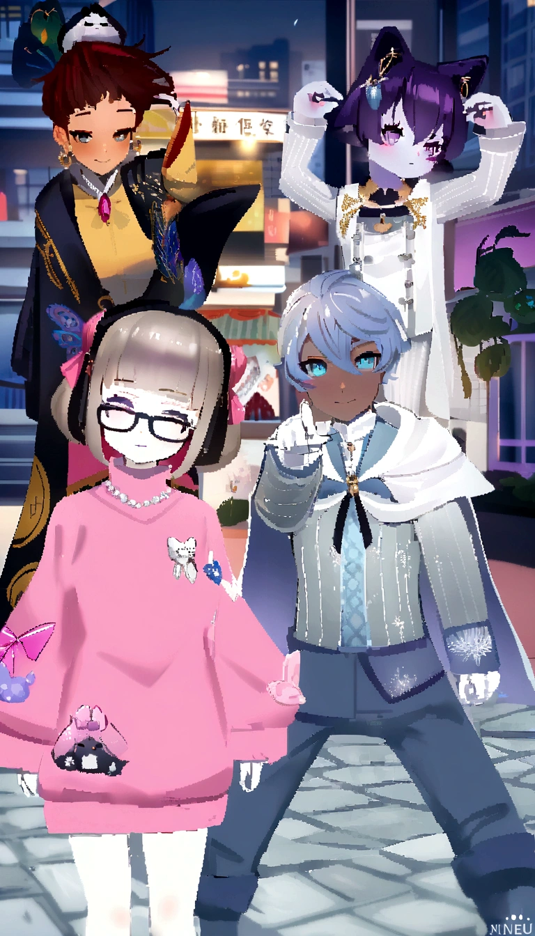 three anime characters in a city with a building in the background, ((wearing aristocrat robe)), wearing fancy clothes, lunar themed attire, jrpg fashion, dapper dream demon, nixeu and sakimichan, 8k!, 8k!!, fursona wearing stylish clothes, live2d virtual youtuber model, clothes themed on a peacock mage