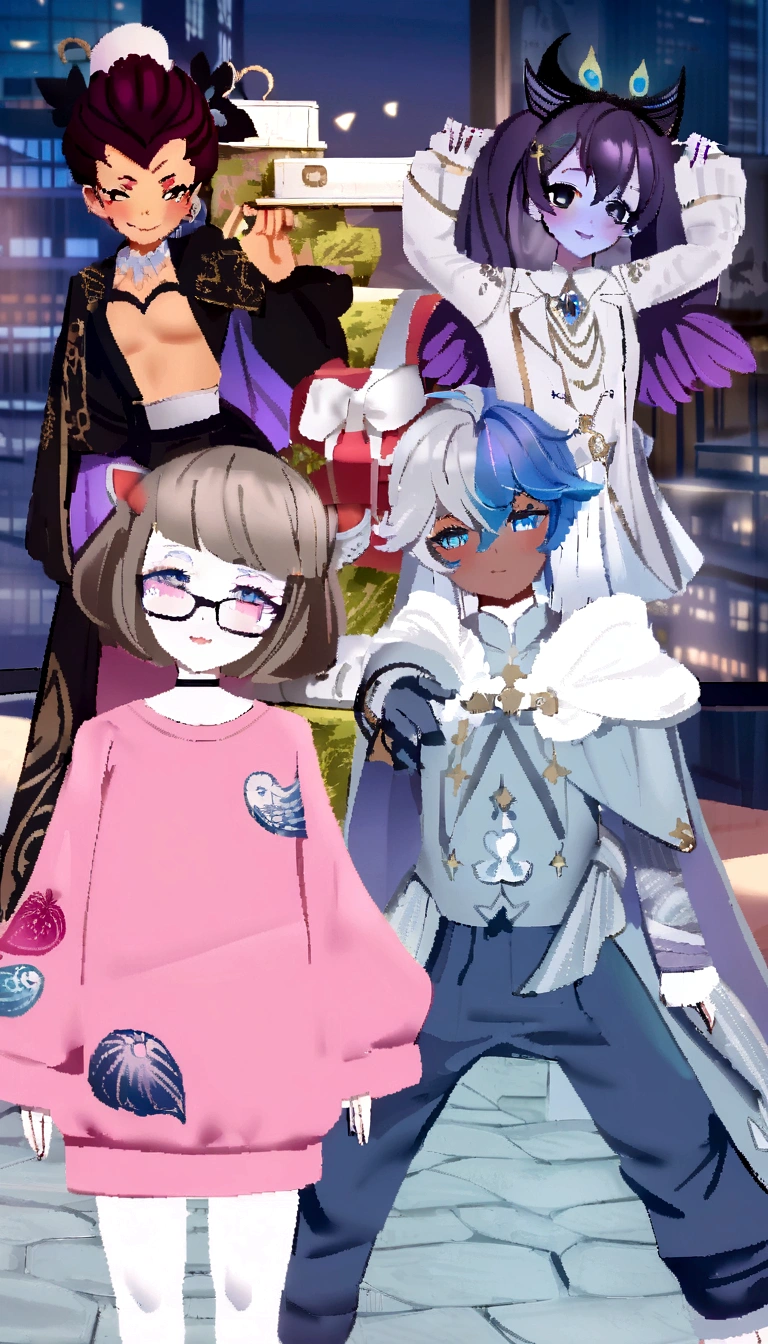 three anime characters in a city with a building in the background, ((wearing aristocrat robe)), wearing fancy clothes, lunar themed attire, jrpg fashion, dapper dream demon, nixeu and sakimichan, 8k!, 8k!!, fursona wearing stylish clothes, live2d virtual youtuber model, clothes themed on a peacock mage