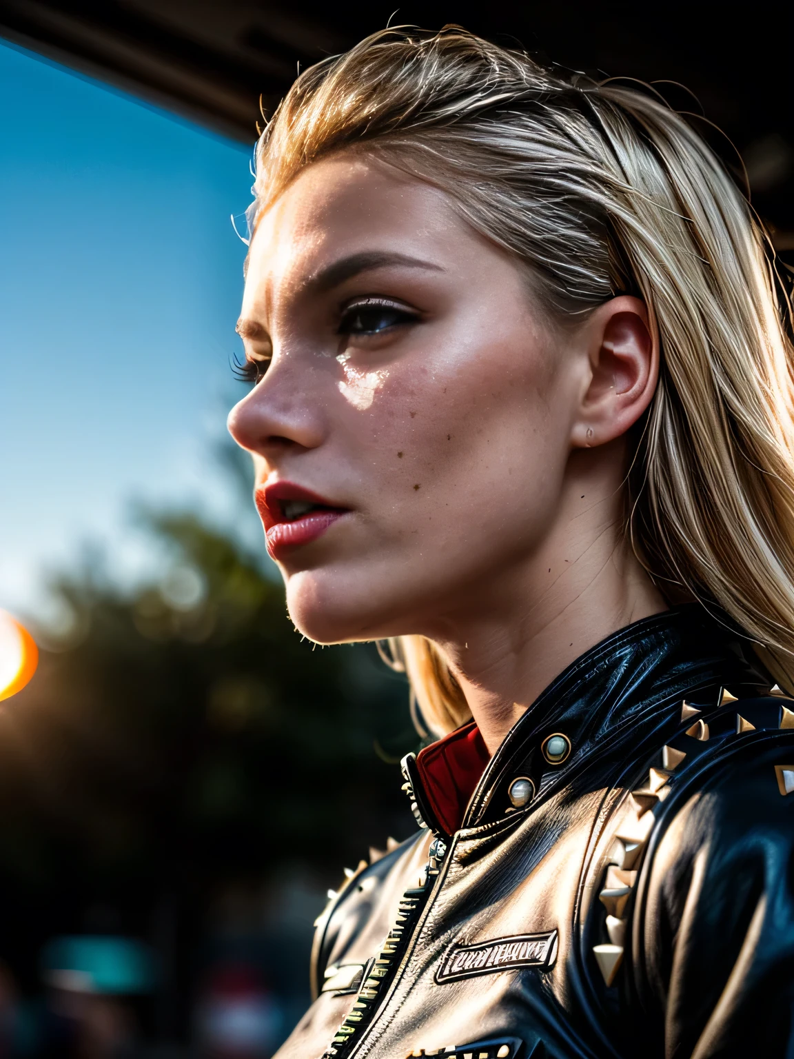 (masterpiece, photorealistic:1.4, extremely intricate:1.3, radiosity, photon mapping, dtx), ((20 year old muscular supermodel, ((25 years old), serious, long eyelashes, makeup:1.5, red lips), black leather trech coat, white t-shirt, (((chrome rivets), side view:0.6, from below)))), ((([skin detail:freckles:0.7], portrait, closeup))), outdoor, NASCAR, faraway car race, professional photograph, (long curly [blonde hair:orange hair:0.4], wind), BREAK ((sunset, ((film grain))), bokeh), BREAK, ((([medium breasts:large breasts:0.7])))