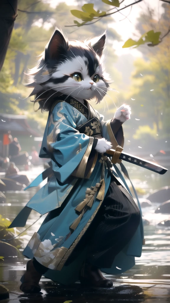 White siberian cat Hanfu, Chinese calligraphy, chinese clothesholding weaponholding sword