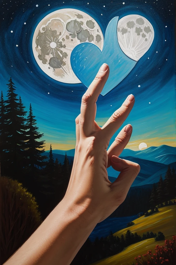 Painting where there are open hands holding a broken heart and in the background a landscape with a moon