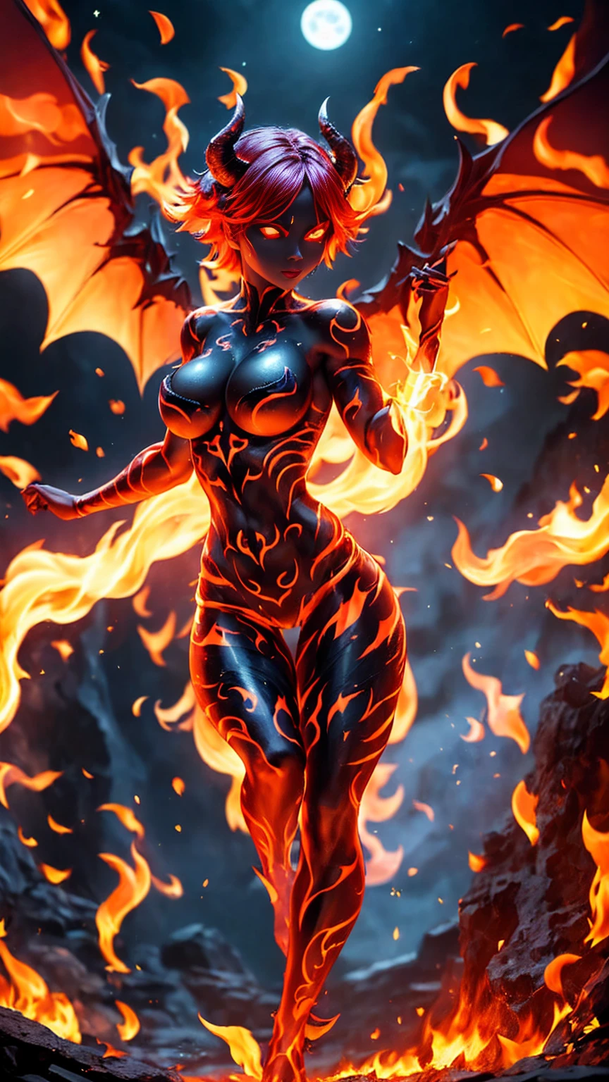 girl, demoness warrior, comprised of Antikythera mechanisms, dark, foreboding, dynamic action, dynamic motion, crouching, evil look, sexy, busty, sheer lowleg panties, curvy hips, claws, fangs, wings, busty, demon tail, demon bone armor, facepaint, bodypaint, red glowing eyes, combat stance, vibrant appearance, creative behavior, imaginative, sensual, spontaneous, highest quality, skin texture, intricate details, (cinematic lighting), RAW photo, 8k, under moonlight, nightmarish, full moon, firestorm, debris