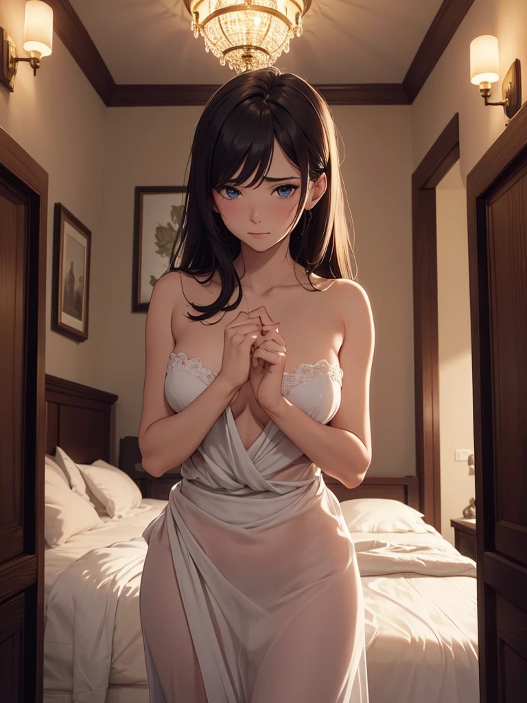 (masterpiece、top-quality、hight resolution), Create an image from the protagonist's point of view within the private room of the innkeeper. A wealthy married woman is visiting the protagonist. The room has only a few lights and a bed. It is clear from her demeanor and behavior that she has had numerous affairs with the protagonist. She gazes at the protagonist with moist eyes in anticipation of an affair. nsfw