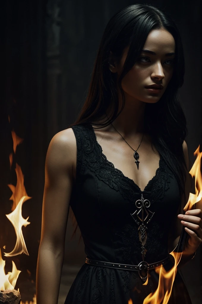 On the cover page, it is common to see a dark background, which can be black or with shades of red, reflecting the infernal atmosphere of the title. In the middle, there is a female figure, which probably represents the protagonist, Layla, which is the same as Crystal Reed. She is usually surrounded by flames or some type of bright energy that stands out against the dark background.. It is also common to find mystical symbols or runes that add a touch of mystery.. #ilustrationdigital#realist#superrealist