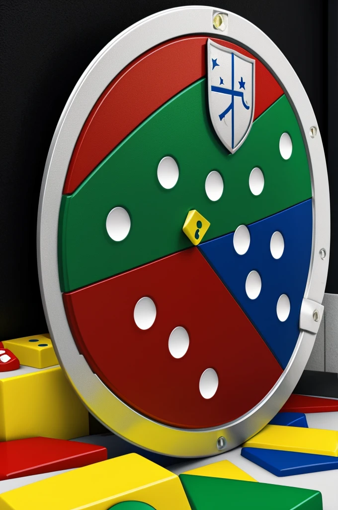 Shield with red colors, White, blue, yellow green and some dice fall