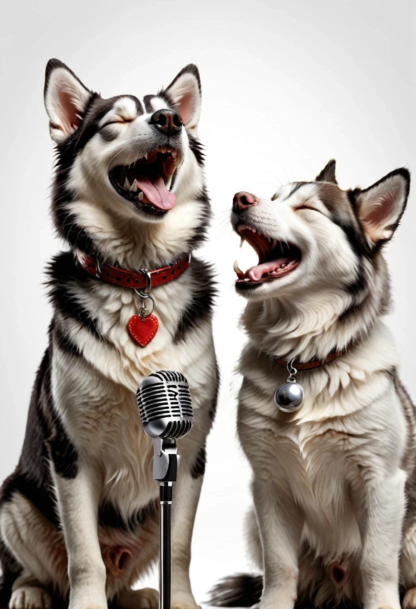 cat and dog singing duet together with microphone, amazing quality, ultra detailed, super realistic, Realistic super detailed teeth, pleasure and fun, white background, happy and fun, wow picture, hd, 8k, Best quality at best, professional photography shot. Cat and dog, husky dog, white cat, duet, singing song together, happy and cute, eyes closed in pleasure, change second dog to a cat, the cat stands next to the husky. the cat stands next to the husky. Pets singing together. cat+dog