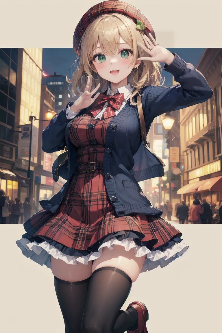 super insane detail、disorganized、ultra high resolution、super detail、highest quality、 1 girl、solo、nice hands、perfect hand-made (Vintage style beret with flower pin:1.3)、(navy&Red Plaid Dress:1.5)、(Gold buttons on the front:1.2)、(frills、red bow tie、Ivory blouse:1.4)、(peach cardigan、cable knit patterns:1.3)、(black tights denier20:1.1)、(red mary jane shoes:1.2) best smile、open your mouth、wave your mouth、 Awesome pose、cowboy shot、slender、Look straight ahead with shining eyes、cute、symmetrical face、超cute女の子、超cute顔、Ultra-fine eyes、super cute hair、超cute、Super beautiful、 stylish clothing design、Super famous theme park、Central Street、crowd、attraction、 big breasts、soft swaying breasts、BREAK (medium hair、Braid、silky smooth hair、dark green eyes)、hair between eyes