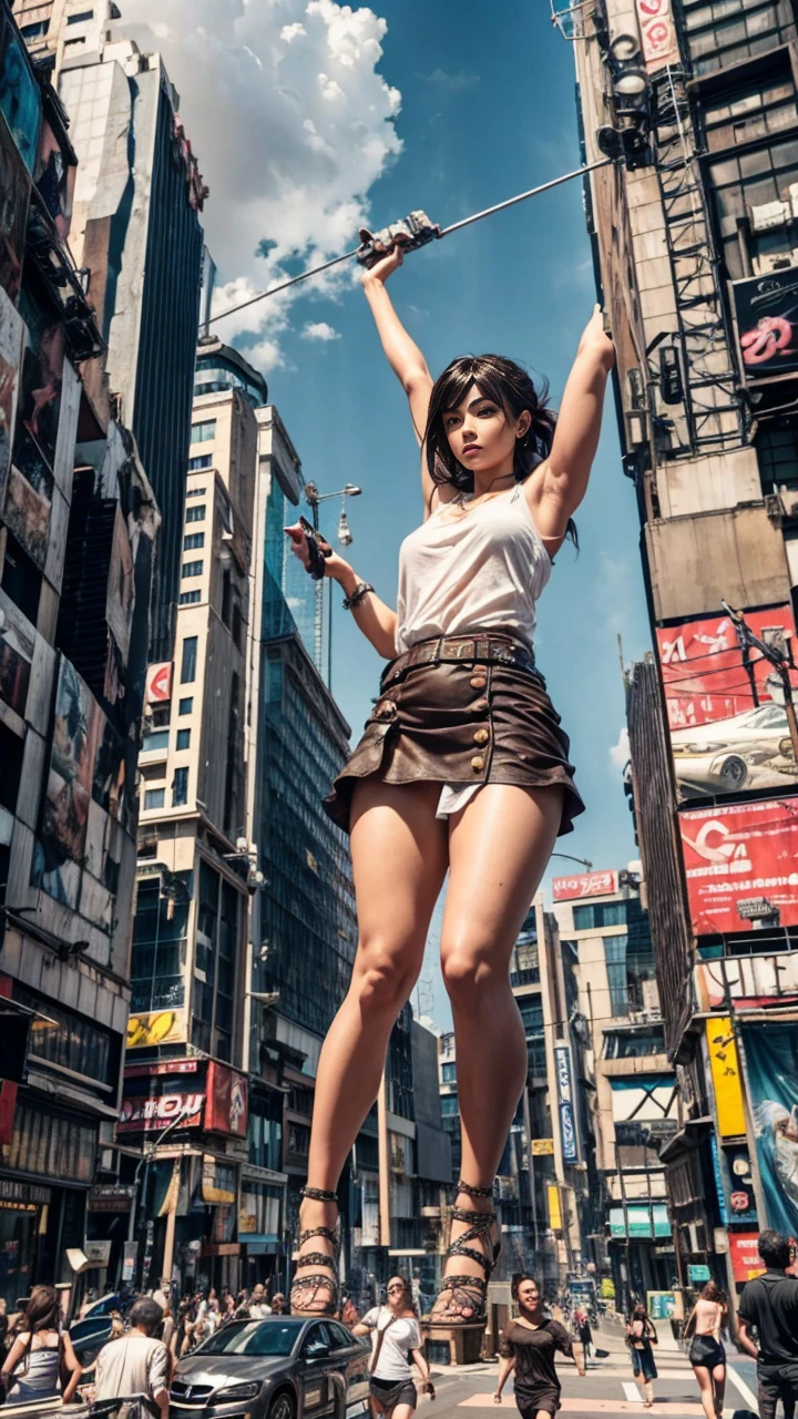 Hyperrealistic version of a woman giant. A giant woman in a bikini lying on top of a cyberpunk city, Little guys running around the giant girl, Standing on her hand, cgsociety 9, fantasy art, engine rendering unreal + a goddess, full body cgsociety, artgerm ; Hyper realistic content, giant art, super detailed matte paintings, super detailed matte paintings, realistic fantasy art, realistic  style. Beautiful girl. Big thighs."The little people stood on the top of a high-rise building waving to the girl".Wear short skirts.