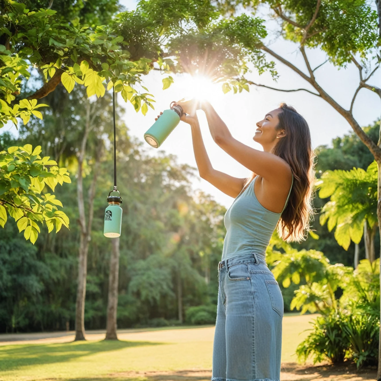 Woman holding hydro flask in sunshine, standing in a vibrant park, surrounded by lush greenery, warm sunlight filtering through the trees, capturing a carefree and joyful moment.