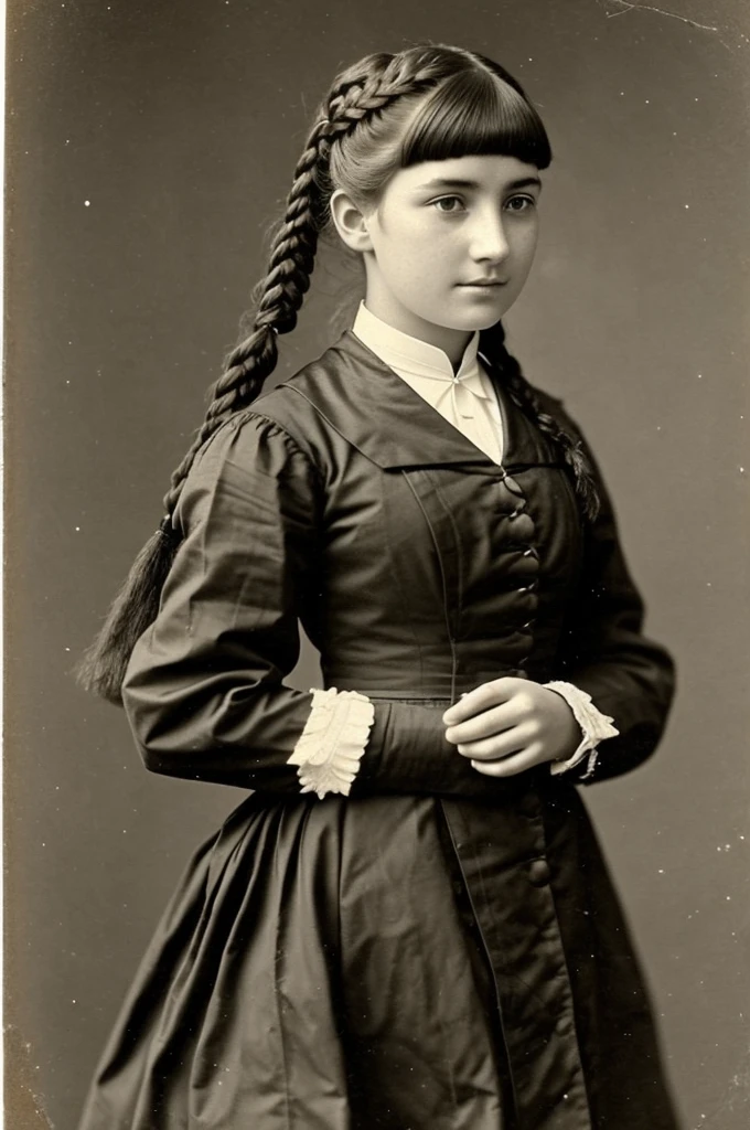 very beautiful girl, 18 years, in college uniform, from the Institute of Noble Maidens, Hair braided in a pigtail, Have bangs, late 19th century