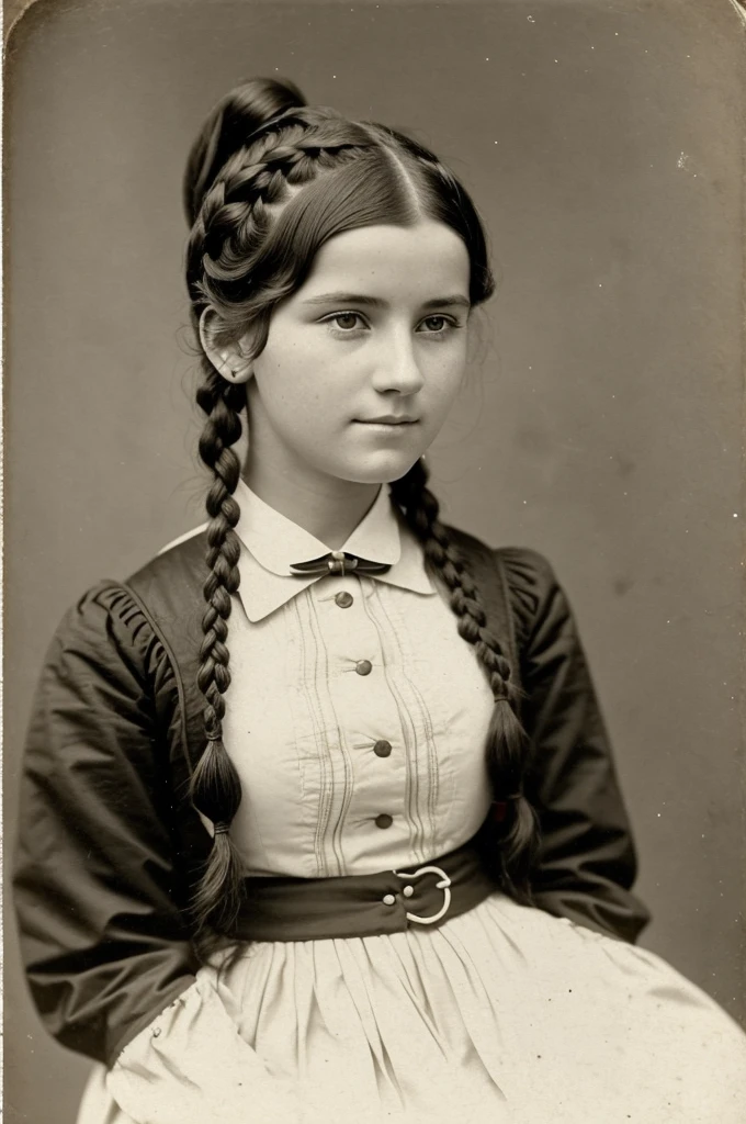very beautiful girl, 18 years, in college uniform, from the Institute of Noble Maidens, Hair braided in a pigtail, Have bangs, late 19th century