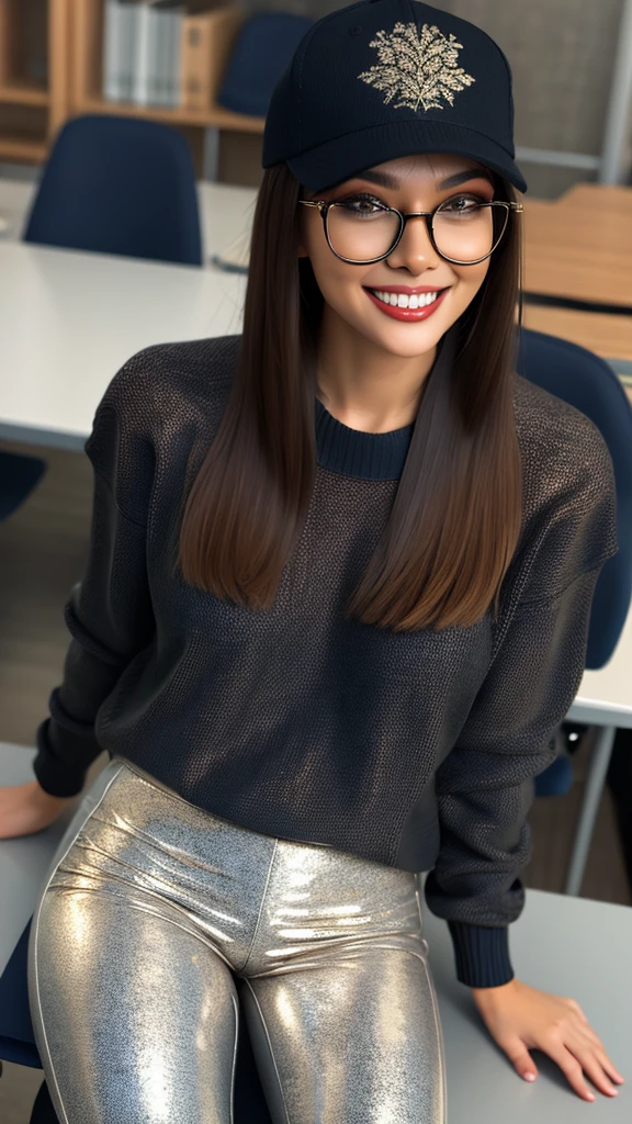 agressive girl, grinning, cute glasses, rear, (((sitting at desk, comfy sweater, shiny plastic pants, ))) thick calves, textured pants, (((Hyper realistic))), (((ultra quality 32k))), (((masterpiece))), (((hyper detailed textures))), (((perfect face))), (((wearing cap))), (((intricate details))),