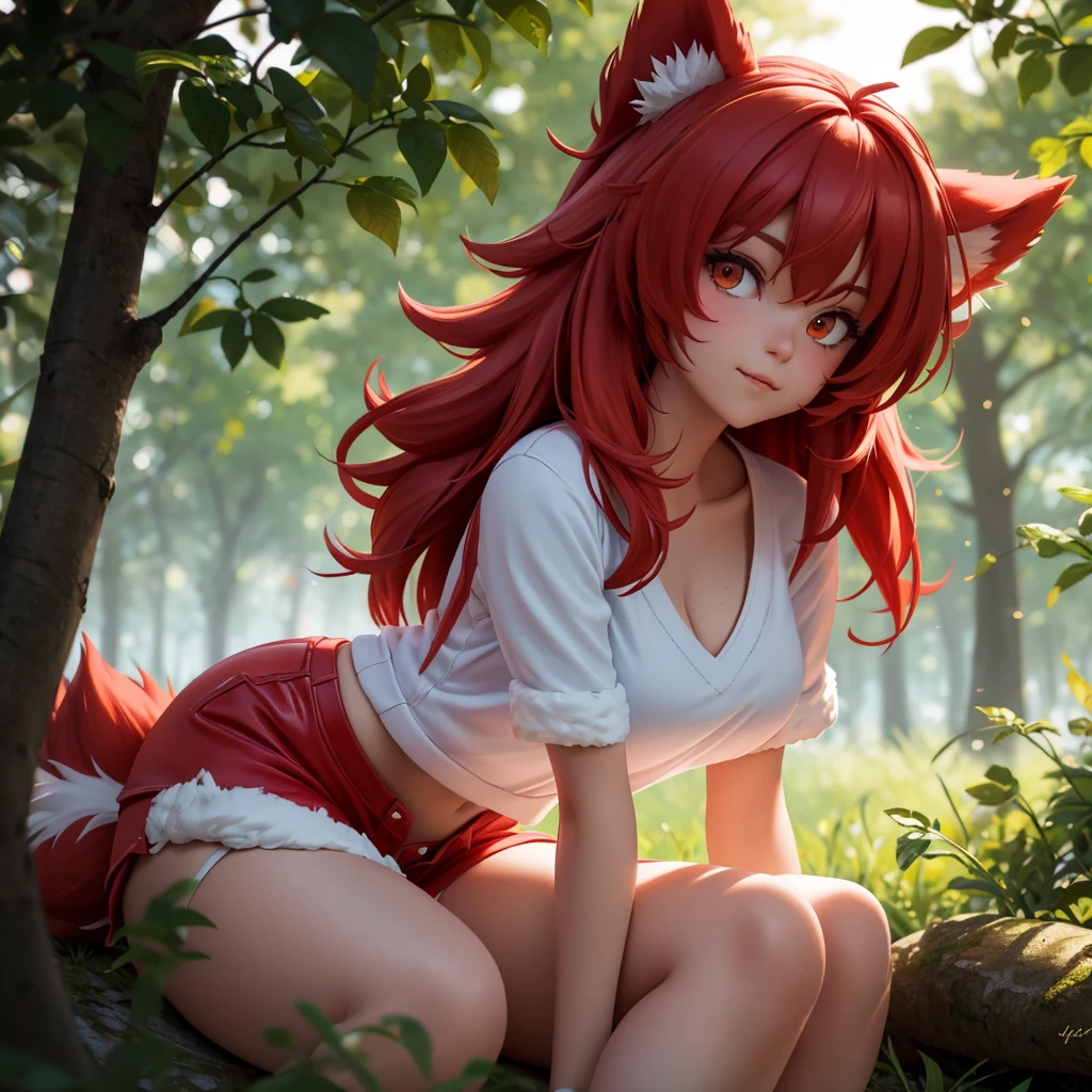 fluffy, red fur, tail, white elements on fur, Normal breast, nice front view, POV, summer shirt, summer shorts, close-up, Sitting, trees, summer, night, beautiful light and shadows, ambient light, ultra detailed fur, volumetric light