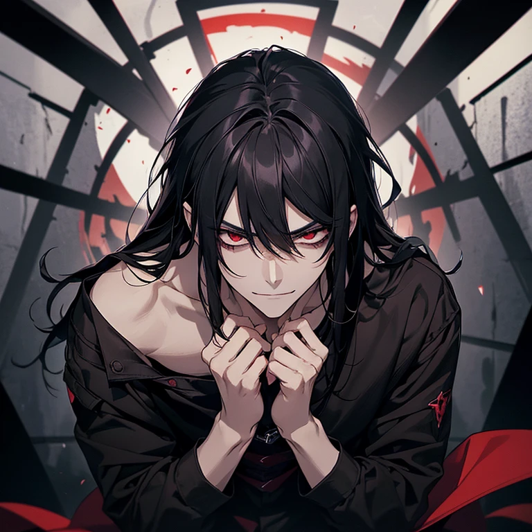 1 male, prisioner, long black hair, red eyes, top view, handcuffed, hands behind back, on his knees, shirtless, bowed, looking up, gesugao, evilness, malice and sadism facial expression, cocky smile, threatening smile, handcuffed behind back, evil look, dark aura, prision cell background