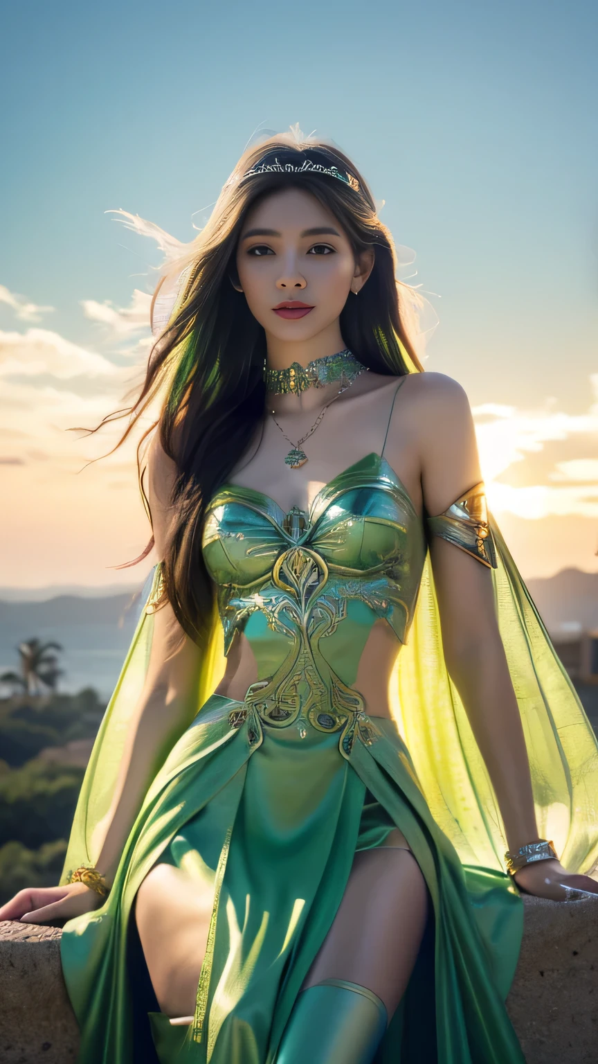 Steripe dress,photorealistic, 1girl, ((slim body)), long hair, gradient hair, solo, detailed eyes, jewelry, bracelet, choker, small breasts, looking at viewer, realistic, necklace, (((green princess))), long skirt, thigh highs, green cape, sardine, lace, evening, sunlight, clouds, in the sky, clouds, realistic sun light,, detailed, upper body, sitting,