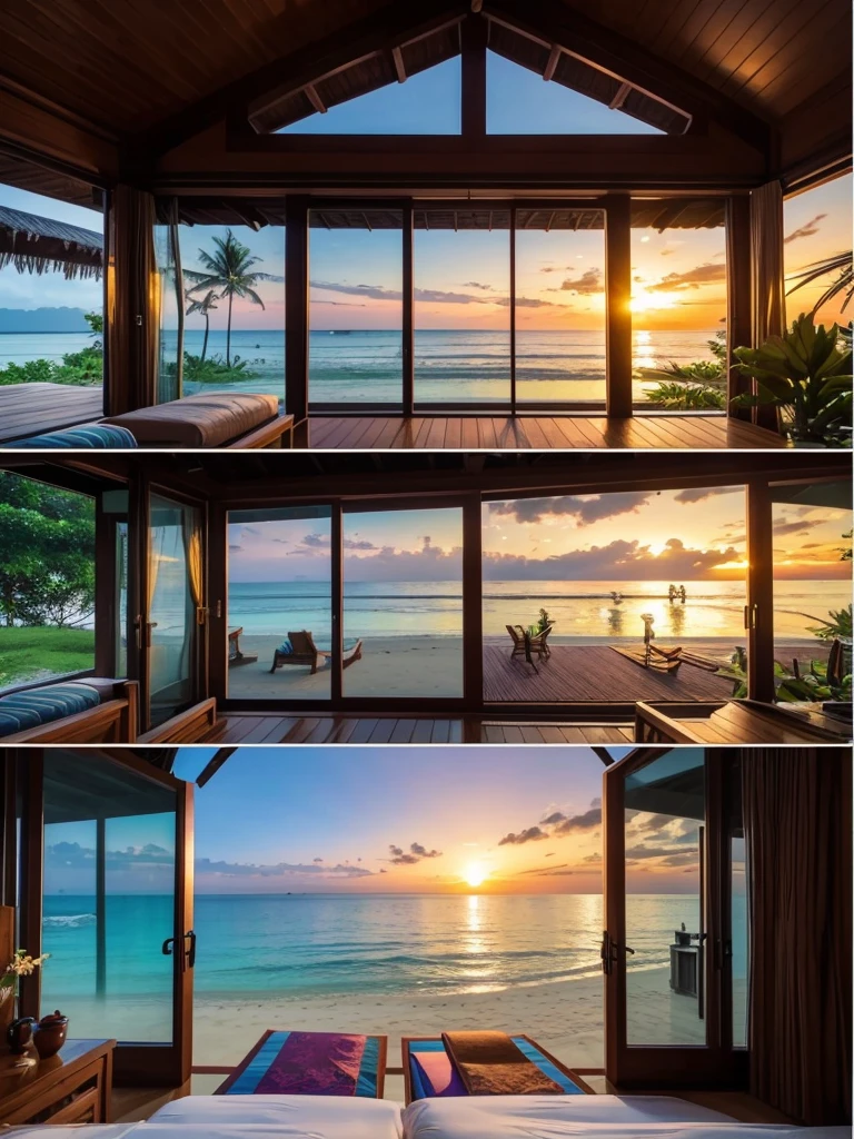 Imagine staying in a Thai-style beach cottage right on the shore, offering breathtaking views of the sunset. This cottage features large, expansive windows that provide an excellent and unobstructed view of the outside. The surroundings are adorned with beautiful, large forest trees, and the beach is covered with white sand. In the distance, a rainbow completes this magical scene.