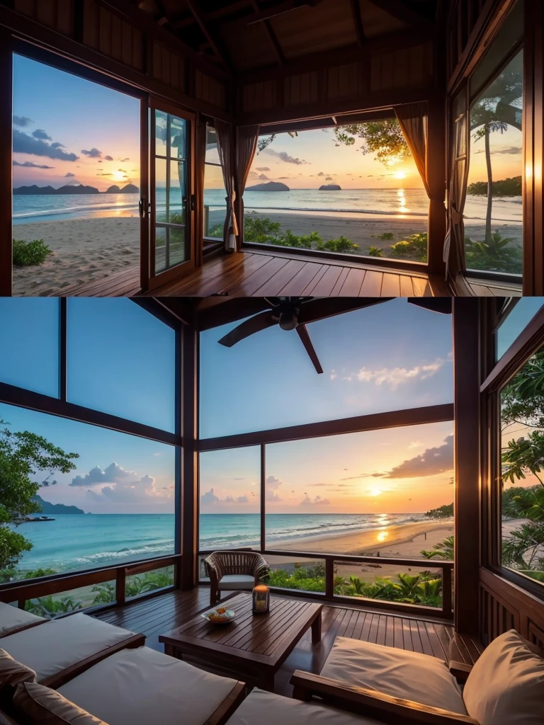 Imagine staying in a Thai-style beach cottage right on the shore, offering breathtaking views of the sunset. This cottage features large, expansive windows that provide an excellent and unobstructed view of the outside. The surroundings are adorned with beautiful, large forest trees, and the beach is covered with white sand. In the distance, a rainbow completes this magical scene.