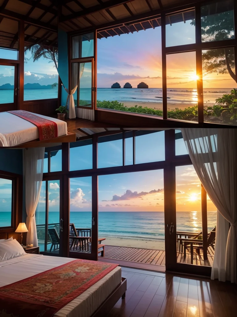 Imagine staying in a Thai-style beach cottage right on the shore, offering breathtaking views of the sunset. This cottage features large, expansive windows that provide an excellent and unobstructed view of the outside. The surroundings are adorned with beautiful, large forest trees, and the beach is covered with white sand. In the distance, a rainbow completes this magical scene.