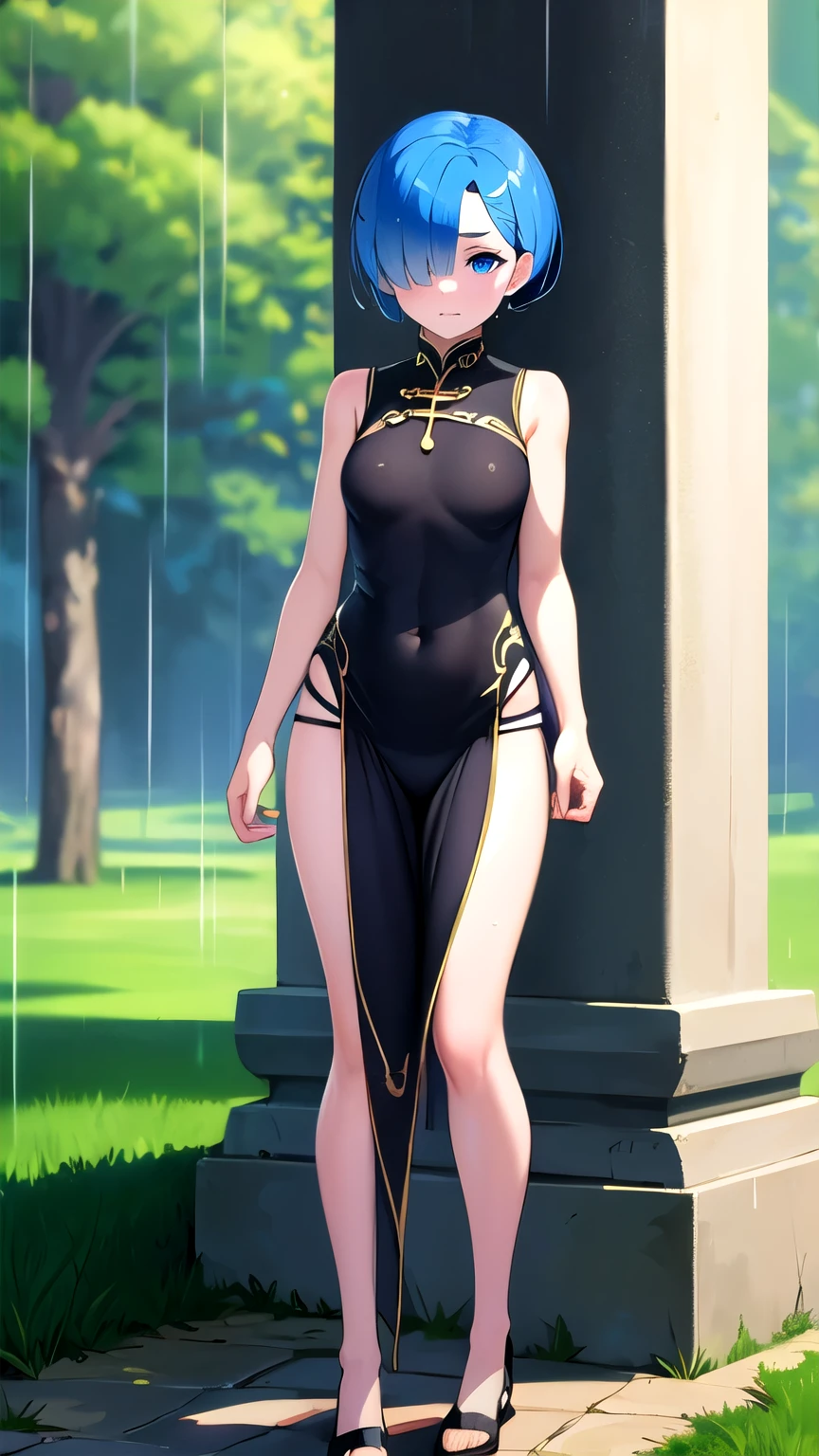 hdr, soft light, ((best quality)), ((masterpiece)), (detailed), remrin, (hair over one eye:1.1),big blue eyes, shy face,skinny fit,small breast, chinese dress, park,trees,grass,rain, in middle,full body shot,showing wet panties, 