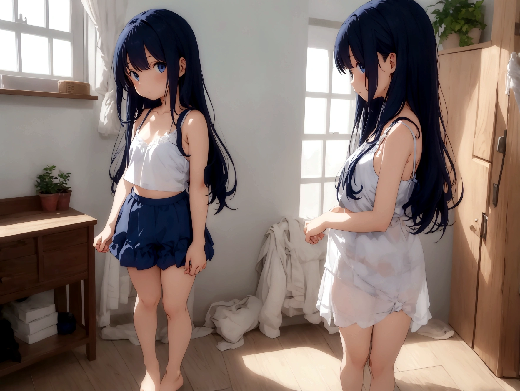 Girl with hair down to her feet、A thin white camisole and a sheer light blue bra、Navy blue bloomers、Standing posture、barefoot