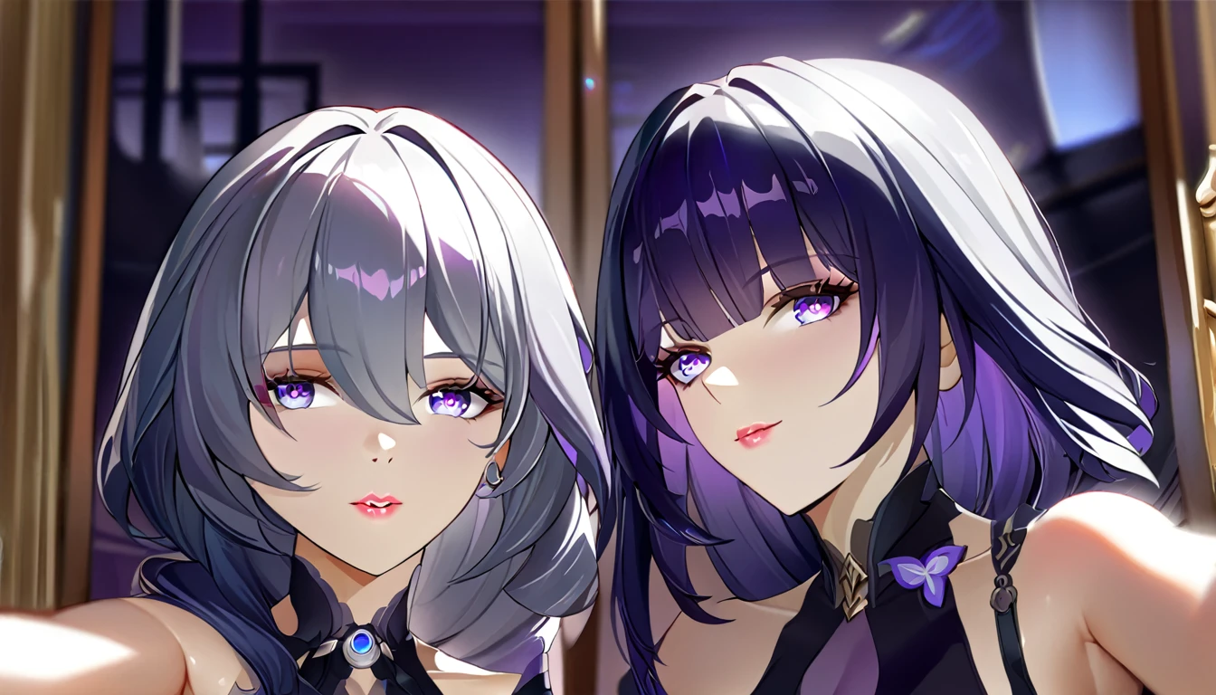 2girls, both from Honkai Star rail, selfie in mirror, long purple hair, long gray hair, beautiful detailed eyes, beautiful detailed lips, extremely detailed eyes and face, long eyelashes, intricate hairstyles, elegant outfits, posed selfie, warm lighting, depth of field, soft shadows, vibrant colors, digital art, photorealistic, 8k, high quality, masterpiece, concept art, fantasy