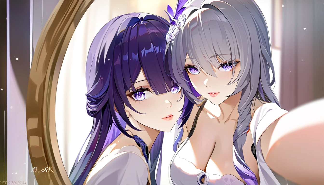2girls, both from Honkai Star rail, selfie in mirror, long purple hair, long gray hair, beautiful detailed eyes, beautiful detailed lips, extremely detailed eyes and face, long eyelashes, intricate hairstyles, elegant outfits, posed selfie, warm lighting, depth of field, soft shadows, vibrant colors, digital art, photorealistic, 8k, high quality, masterpiece, concept art, fantasy