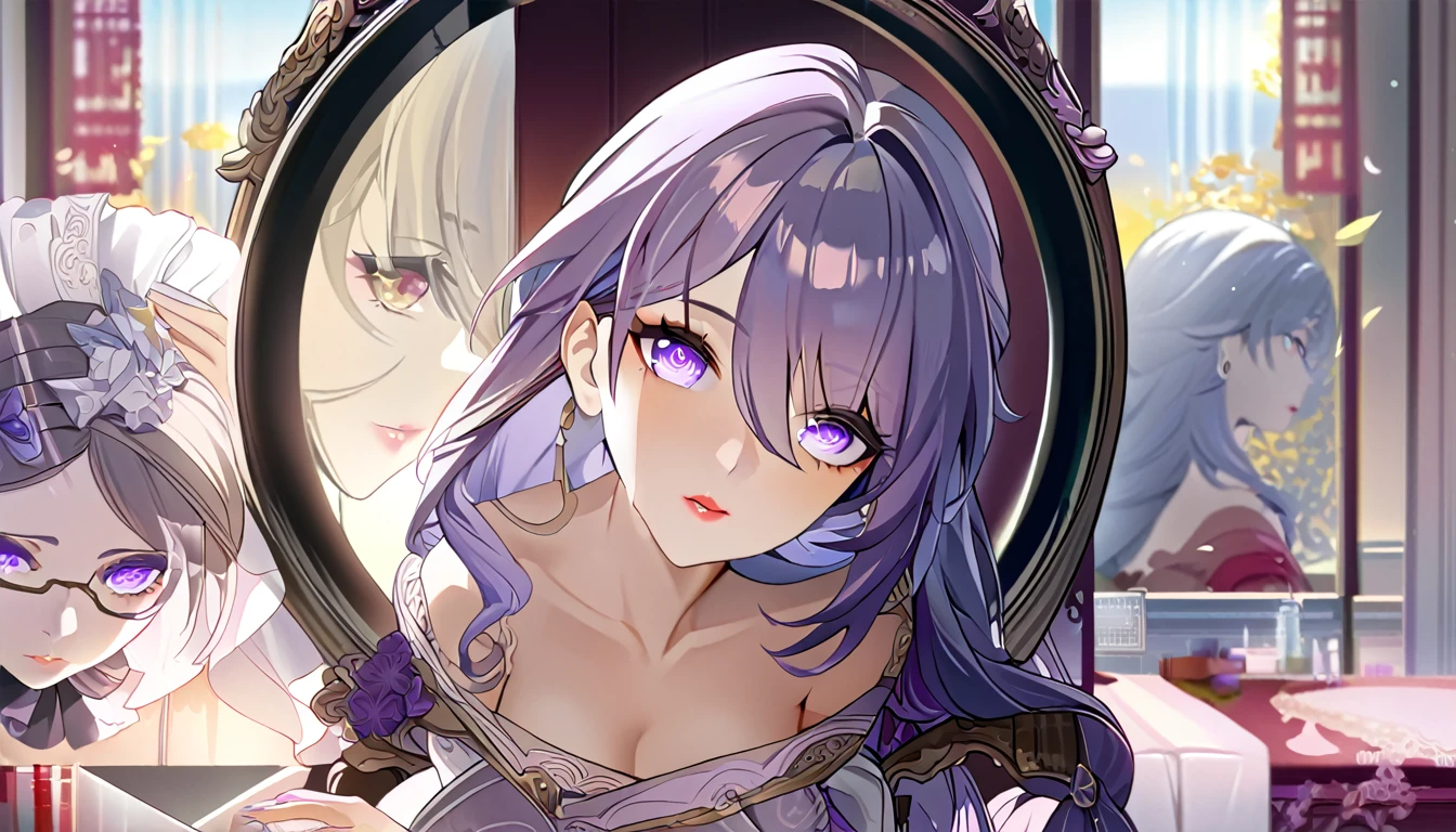 2girls, both from Honkai Star rail, selfie in mirror, long purple hair, long gray hair, beautiful detailed eyes, beautiful detailed lips, extremely detailed eyes and face, long eyelashes, intricate hairstyles, elegant outfits, posed selfie, warm lighting, depth of field, soft shadows, vibrant colors, digital art, photorealistic, 8k, high quality, masterpiece, concept art, fantasy