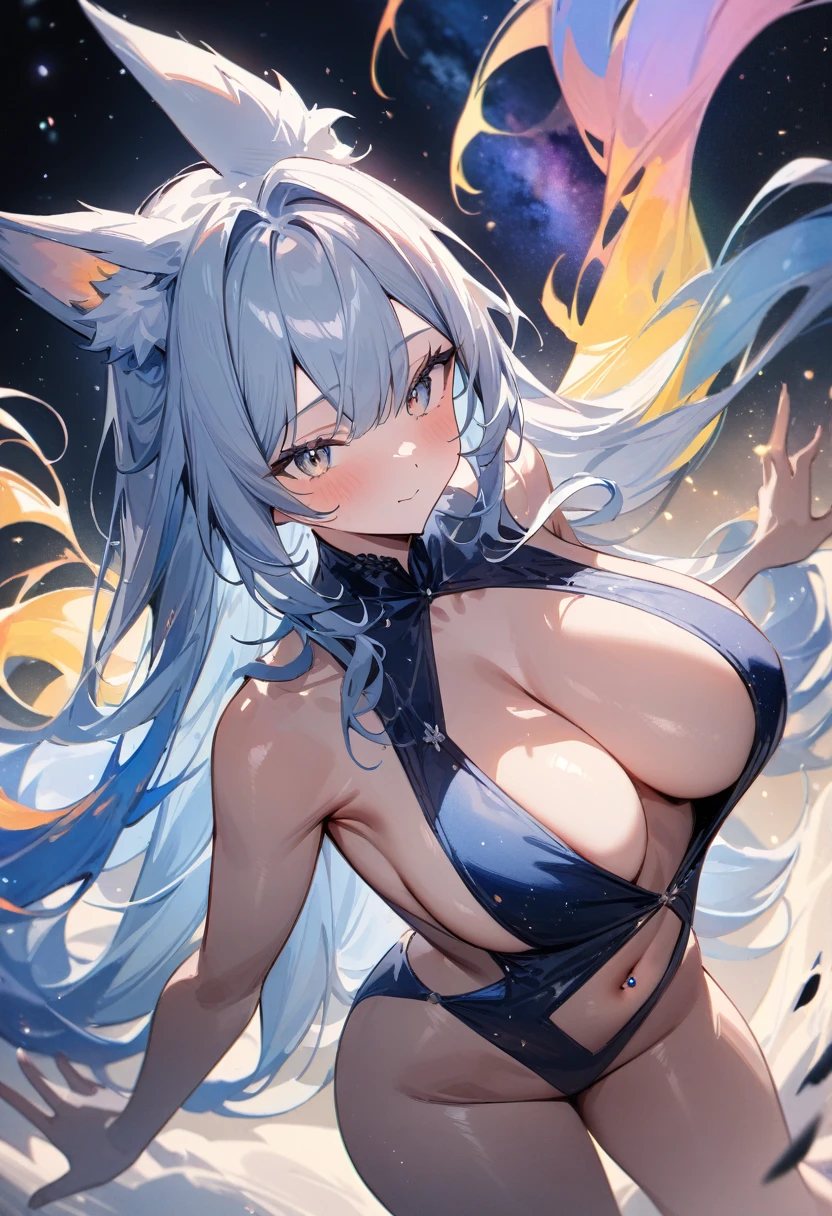 nsfw,(space action style), (Muted Tone), Delicate, Detail, Masterpiece,(colorful) illustration,(colorful) light particles, lens flare,
1girl, big breats,navel piercing,
sideboob,shoulders,cleavage,sideless,thighs,
Cowboy shot, close-up,from above,
dynamic angle, dynamic pose,
Artistic, memorable masterpieces, moments in history,(fantastical and mesmerizing scenery)
Watercolor:1.6, Delicate, Detail,
(masterpiece:1.2),(best quality:1.2),newest,intricate details,
fox ears, ear hair