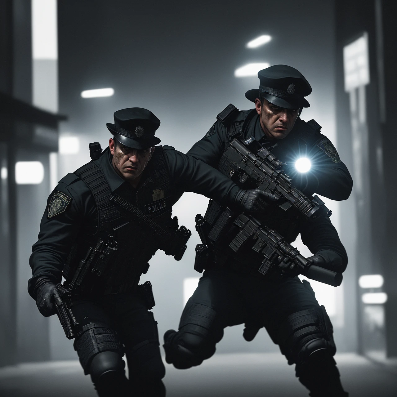 an armed police officer chasing a criminal, detailed police uniform, detailed criminal outfit, detailed facial features, fast motion blur, dramatic lighting, cinematic composition, gritty urban environment, high contrast, vibrant colors, cinematic camera angle, photorealistic, 8k, best quality, masterpiece