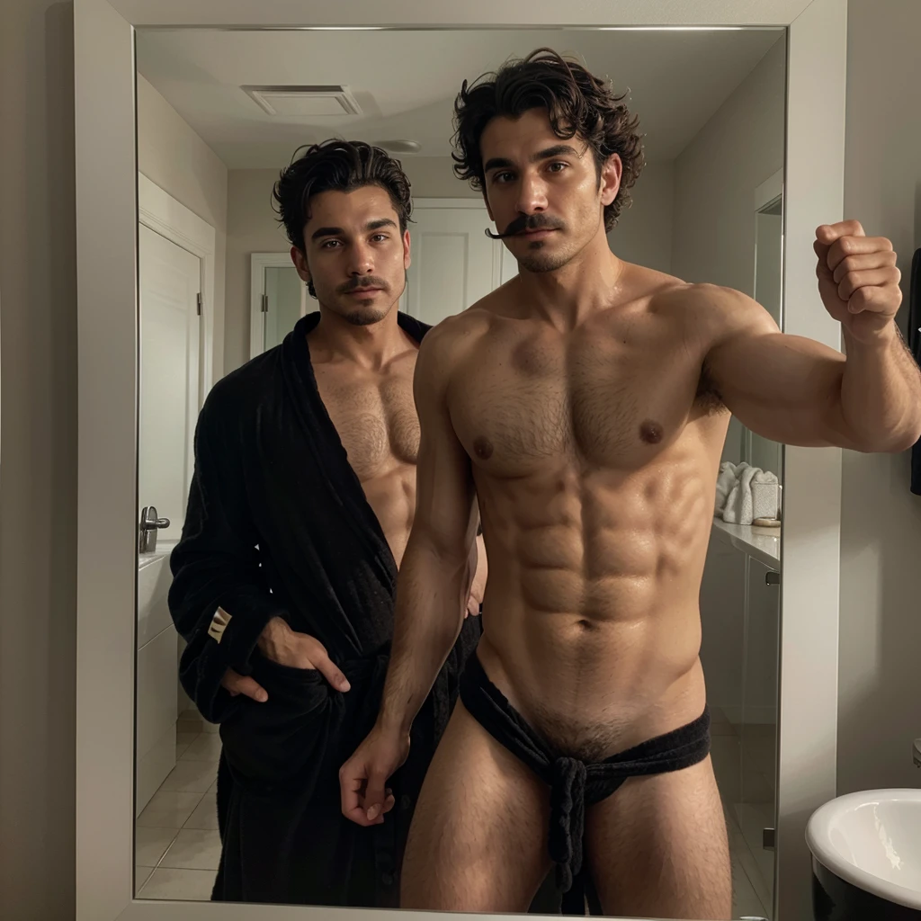 Handsome boy , light mustache, hot muscular body , medium curly hair , mirror selfie, quality like its taken by iPhone 12 , , wearing black bathrobe