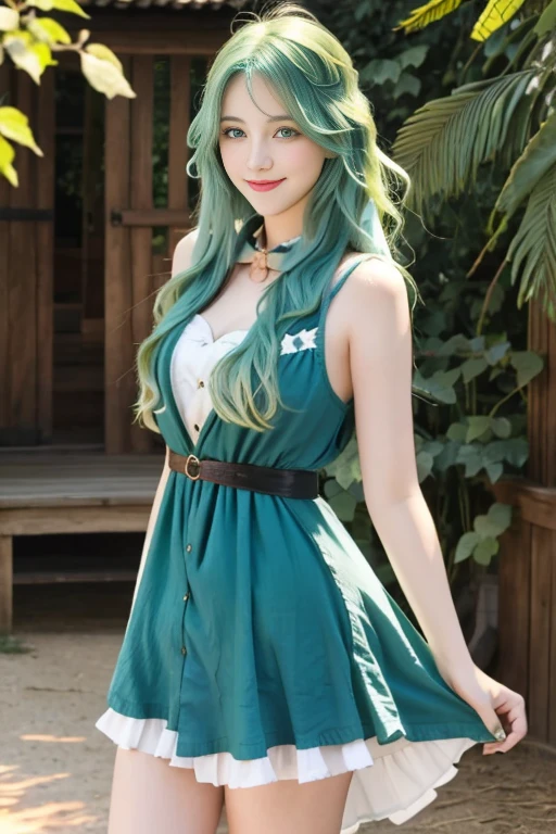 Woman, long green hair, beauty, blue eyes, big breats, sexy, delgada, dress short, legs, escote, smile, in nature