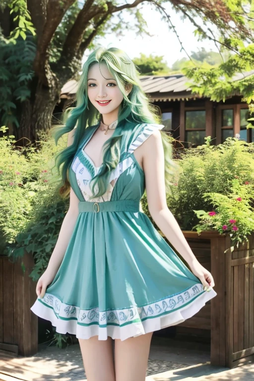 Woman, long green hair, beauty, blue eyes, big breats, sexy, delgada, dress short, legs, escote, smile, in nature