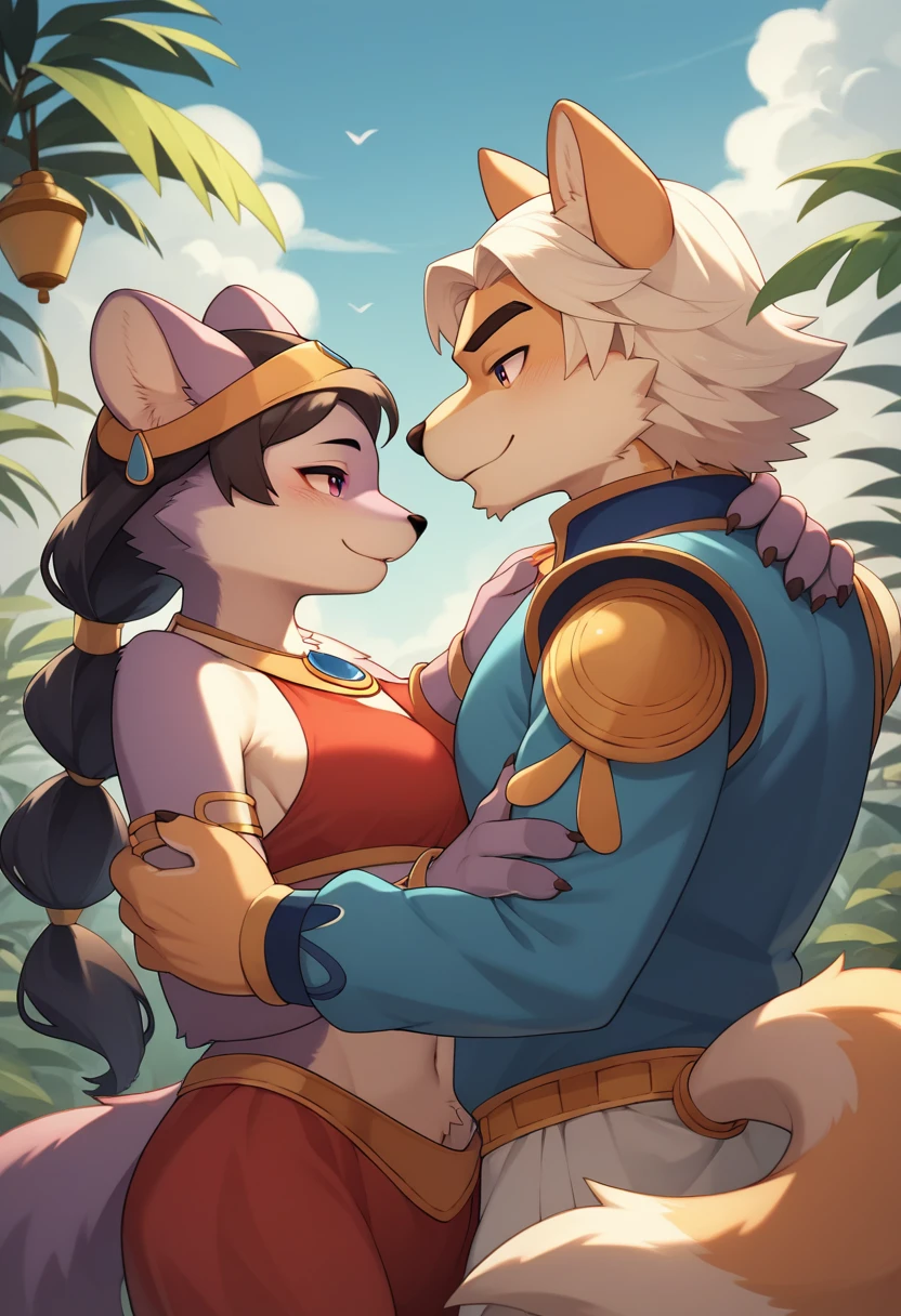 movie poster, highres, top quality, best quality, paid reward available, unparalleled masterpiece, perfect artwork, absurdres, High-quality illustrations, super high resolution, detailed background, perfect anatomy(1girl, 1boy, couple, kemono, furry anthro, fearless smile, Arab national costume, love romance)Aladdin and the magic lamp,