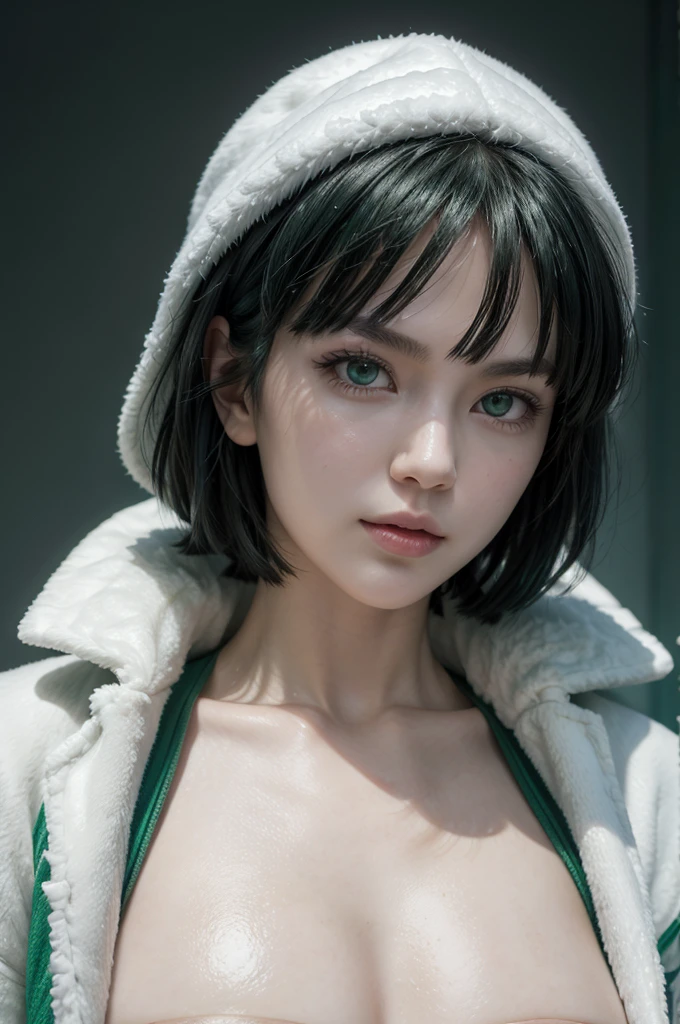 Fubuki from opm, realistic, age 25, pure white skin, green eyes, dark green bob hair, white fur neck collor, green coat, perfect face, perfect shape body, above large breasts, clothes covered upper body, 3d .