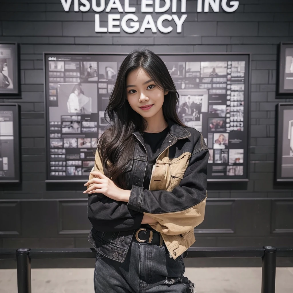 an Indonesian woman with long hair standing in front of a wall of says "VISUAL EDITING LEGACY", she is wearing black streetwear, black and beige denim jacket and pants that says "VEL", museum photoshot, her is smilling, random artist, leaked image, crossed arm, candid pose, Taken using Sony Alpha α7CR full-frame, photorealistic, UHD 1536px, high quality photo.