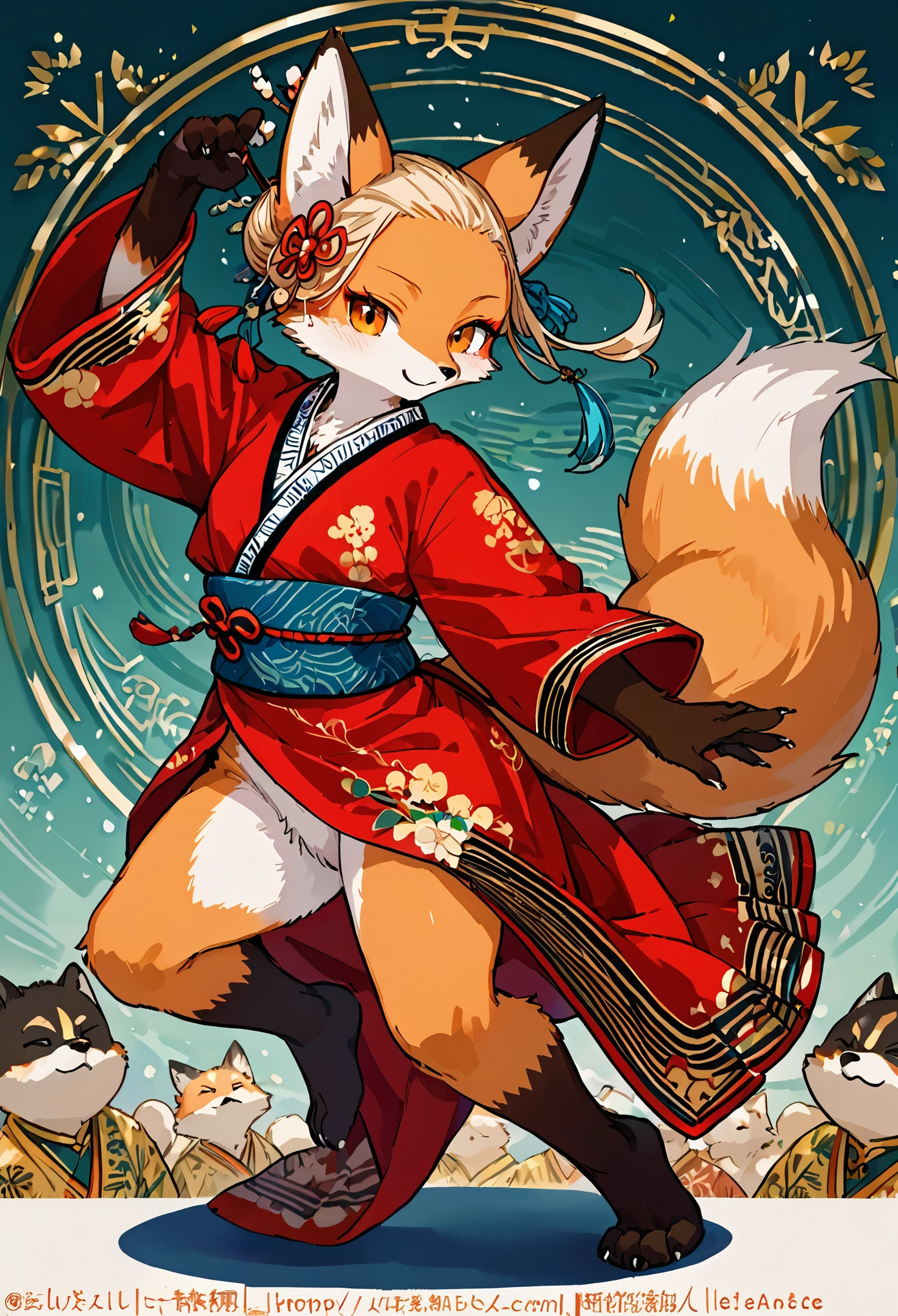 top quality, ancient Chinese beauty, absurdres, perfect anatomy, kemono, solo focus, furry anthro, fox facial features, fox body features, very detailed body fur, full body, dancing pose,