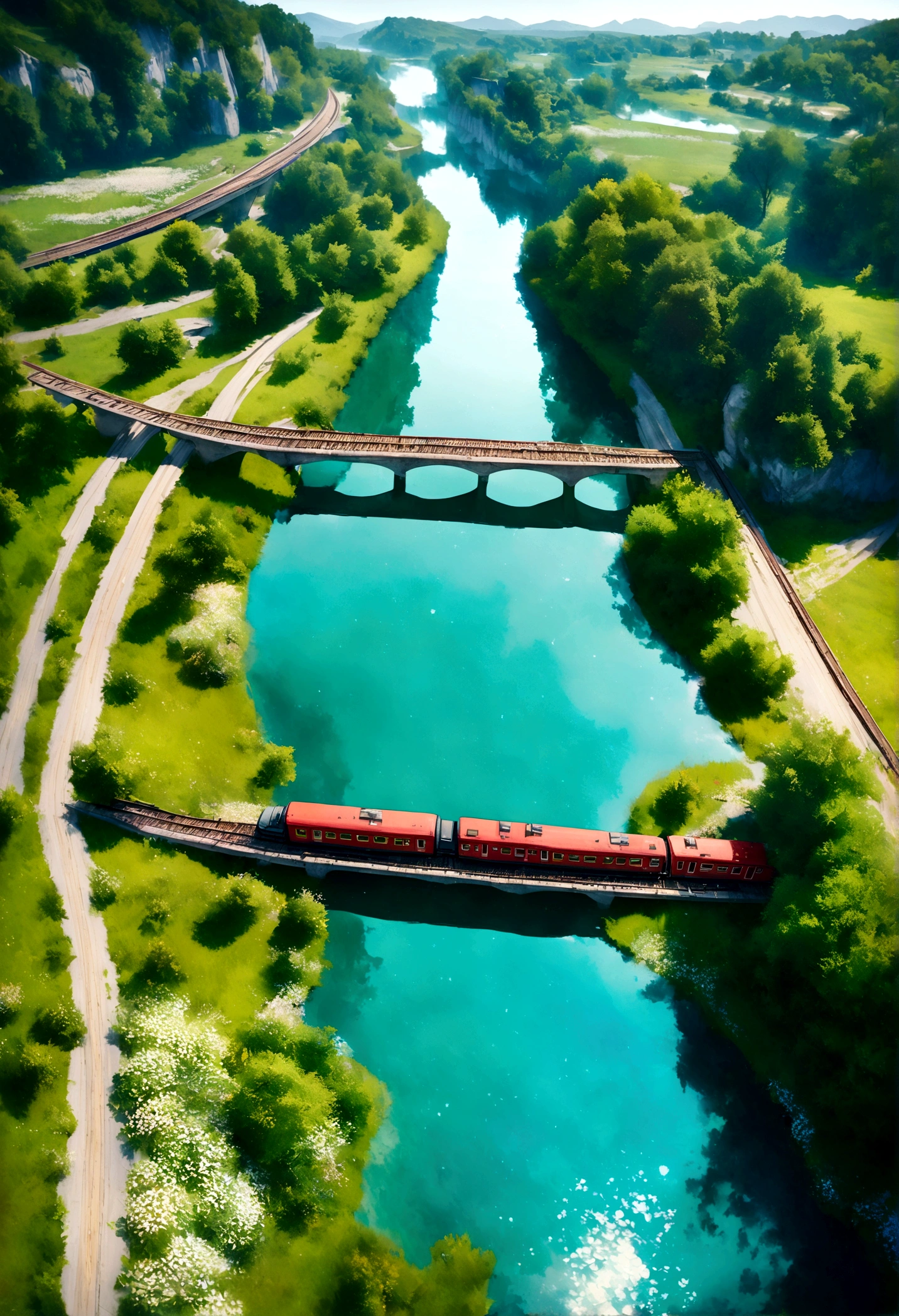 A drone shot of a train on a river bridge, lush greenery surrounding, flower valley in the background, nature's tranquility, vibrant wildflowers, clear blue river, the train reflecting in the water, sunny day with soft clouds. Created Using: intricate drone photography, hyper-realistic textures, wide-angle lens, vibrant colors, detailed landscape, cinematic effect, hd quality
