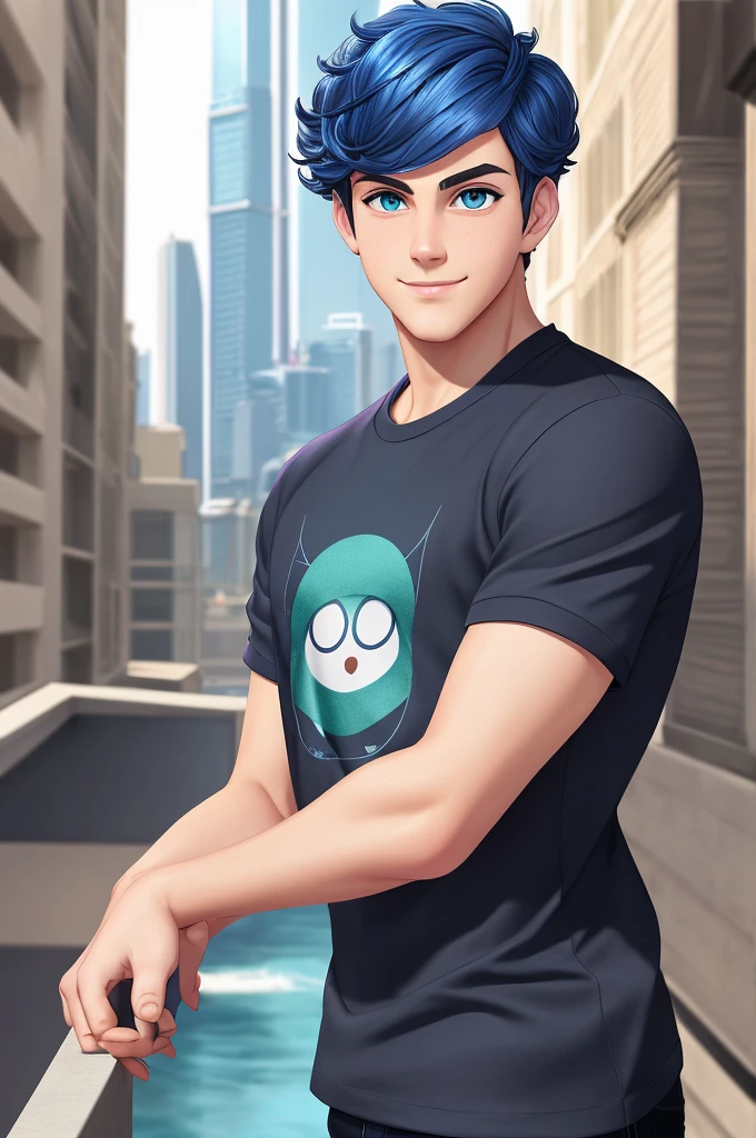Masterpiece, best quality, 1boy, solo, male, 20 years old, deep blue hair, cute, tall, handsome, perfect face, deep blue eyes, curly hair style, oval shaped eyes, green eyes, clever eyes, shiny eyes, small nose, feminine lips, detailed face, standing, confirmed pose, half smiling, wearing black shirt, tight black shirt, sleeves up, half body,portrait style,looking at viewer, city in background, light and shadow, Disney style, miraculous ladybug style, digital painting, zagtoon style