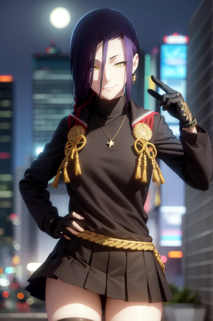 maganechikujouin, magane chikujouin, long hair, purple hair, braid, single braid, (hair over one eye:1.5), (yellow eyes:1.3), smile, grin,
BREAK skirt, thighhighs, gloves, jewelry, , earrings, serafuku, black gloves, black thighhighs, necklace, zettai ryouiki,
BREAK outdoor, city, night, sky, buildings, moon, clouds,
BREAK looking at viewer, (cowboy shot:1.5),
BREAK (masterpiece:1.2), best quality, high resolution, unity 8k wallpaper, (illustration:0.8), (beautiful detailed eyes:1.6), extremely detailed face, perfect lighting, extremely detailed CG, (perfect hands, perfect anatomy),