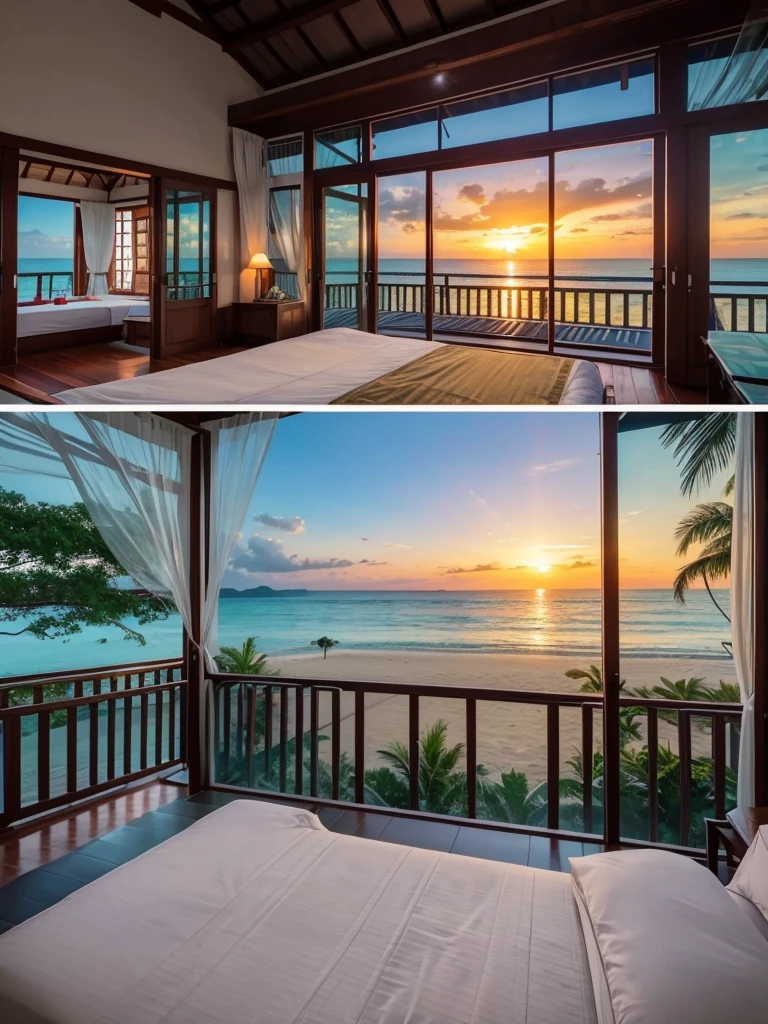 Imagine staying in a Thai-style beach cottage right on the shore, offering breathtaking views of the sunset. This cottage features large, expansive windows that provide an excellent and unobstructed view of the outside. The surroundings are adorned with beautiful, large forest trees, and the beach is covered with white sand. In the distance, a rainbow completes this magical scene.
